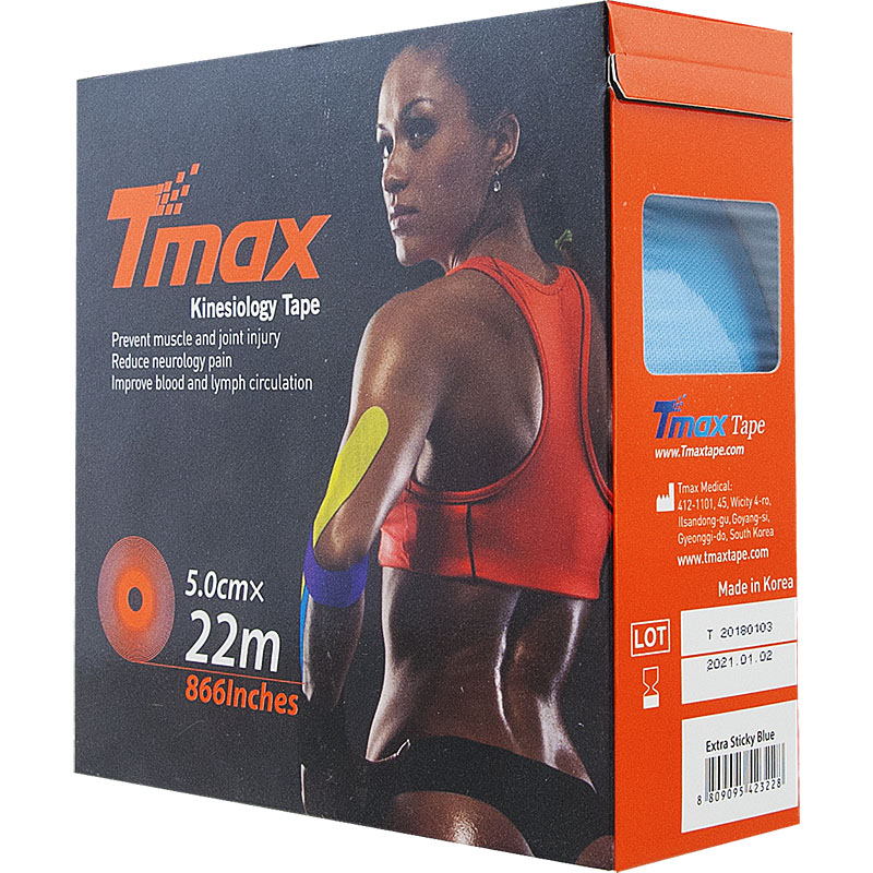 Тейп кинезиологический TMAX Extra Sticky, размер 5 см x 22 м, Цвет Голубой
